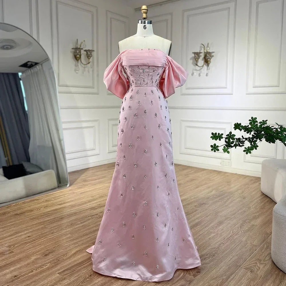 Luxury Baby Pink Off Shoulder Satin Simple Beaded Mermaid Evening Dress CLA72414