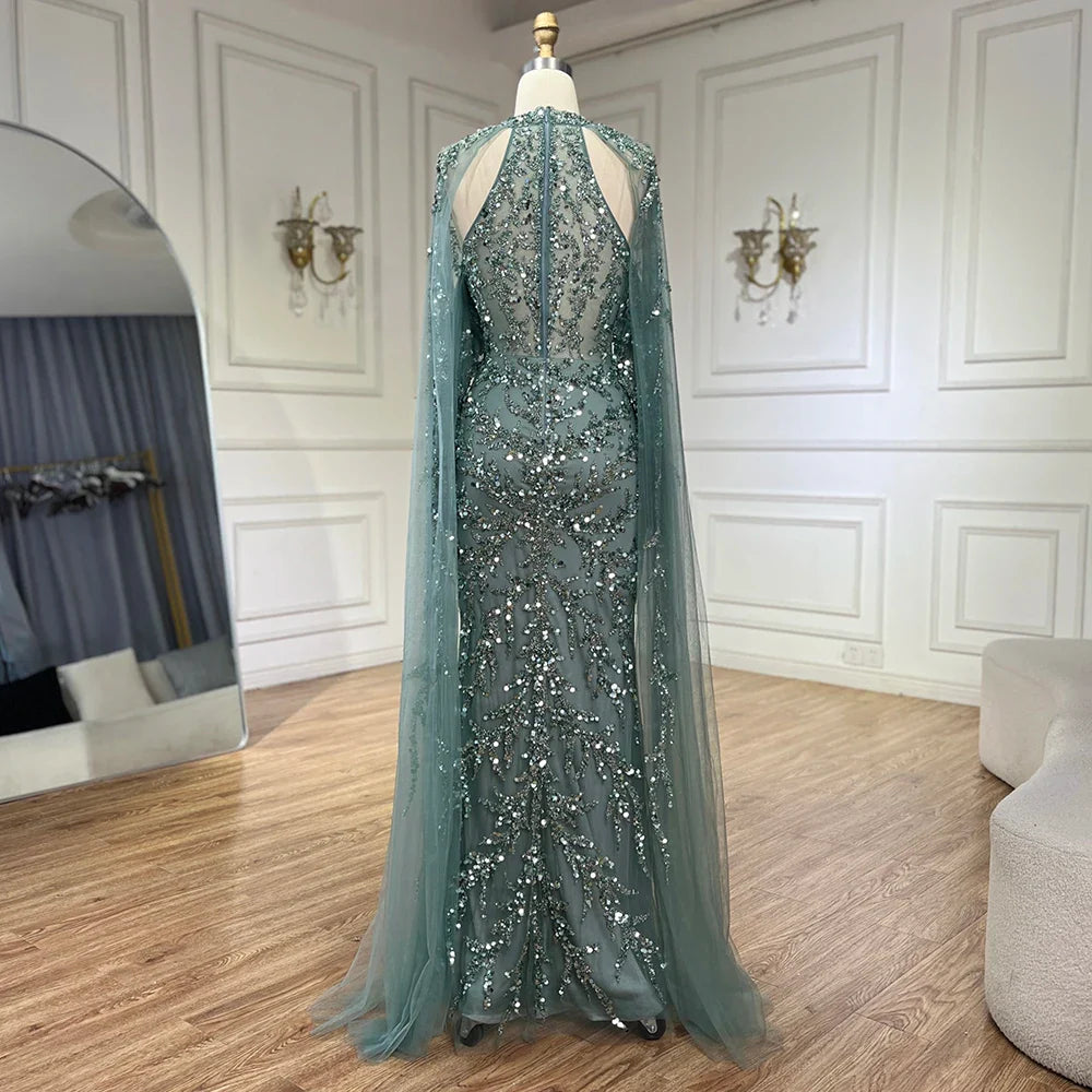 Arabic Luxury Beaded Mermaid Evening Dress Cape Sleeves For Women Wedding Party CLA72652
