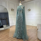 Arabic Luxury Beaded Mermaid Evening Dress Cape Sleeves For Women Wedding Party CLA72652