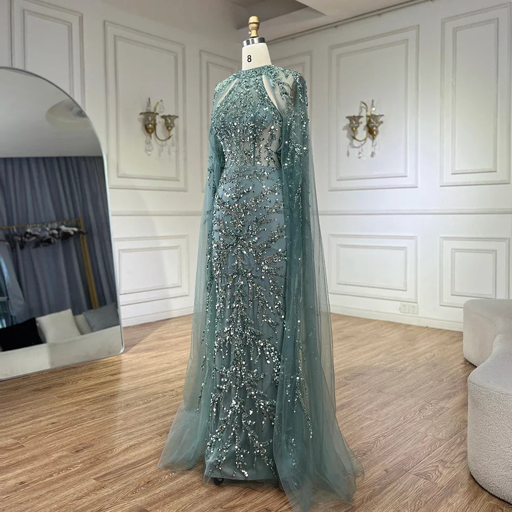 Arabic Luxury Beaded Mermaid Evening Dress Cape Sleeves For Women Wedding Party CLA72652