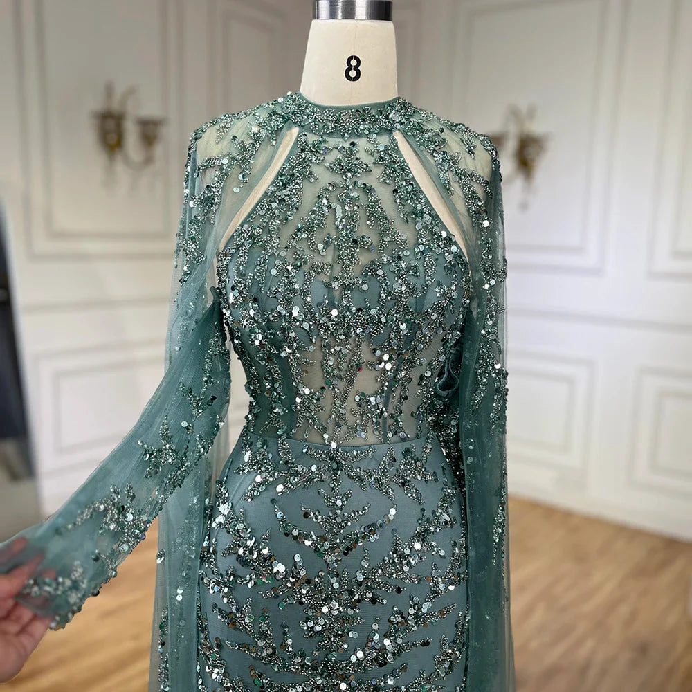 Arabic Luxury Beaded Mermaid Evening Dress Cape Sleeves For Women Wedding Party CLA72652