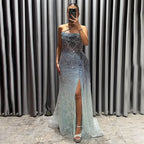 Luxury Blue One Shoulder Evening Dress with Overskirt CLA72434