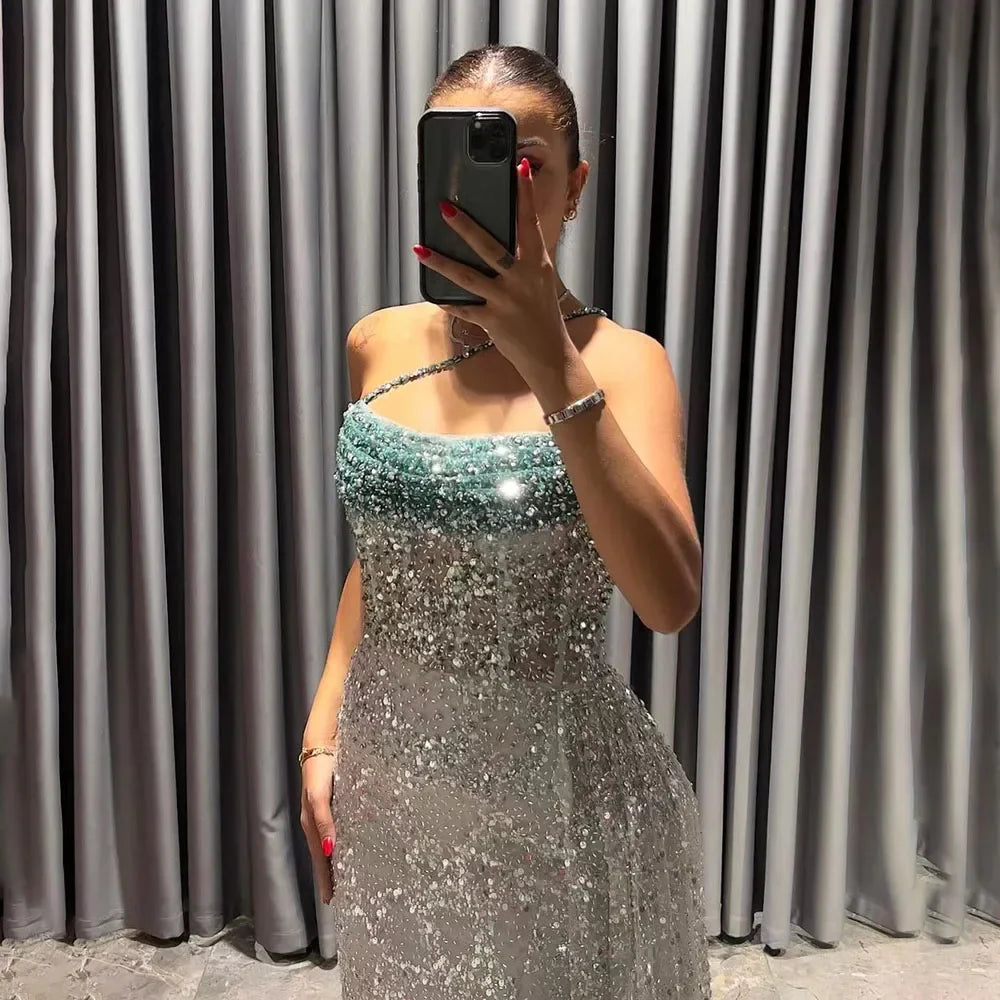 Luxury Blue One Shoulder Evening Dress with Overskirt CLA72434