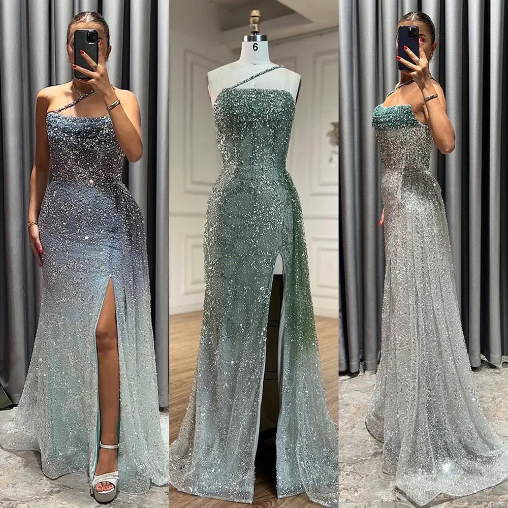 Luxury Blue One Shoulder Evening Dress with Overskirt CLA72434