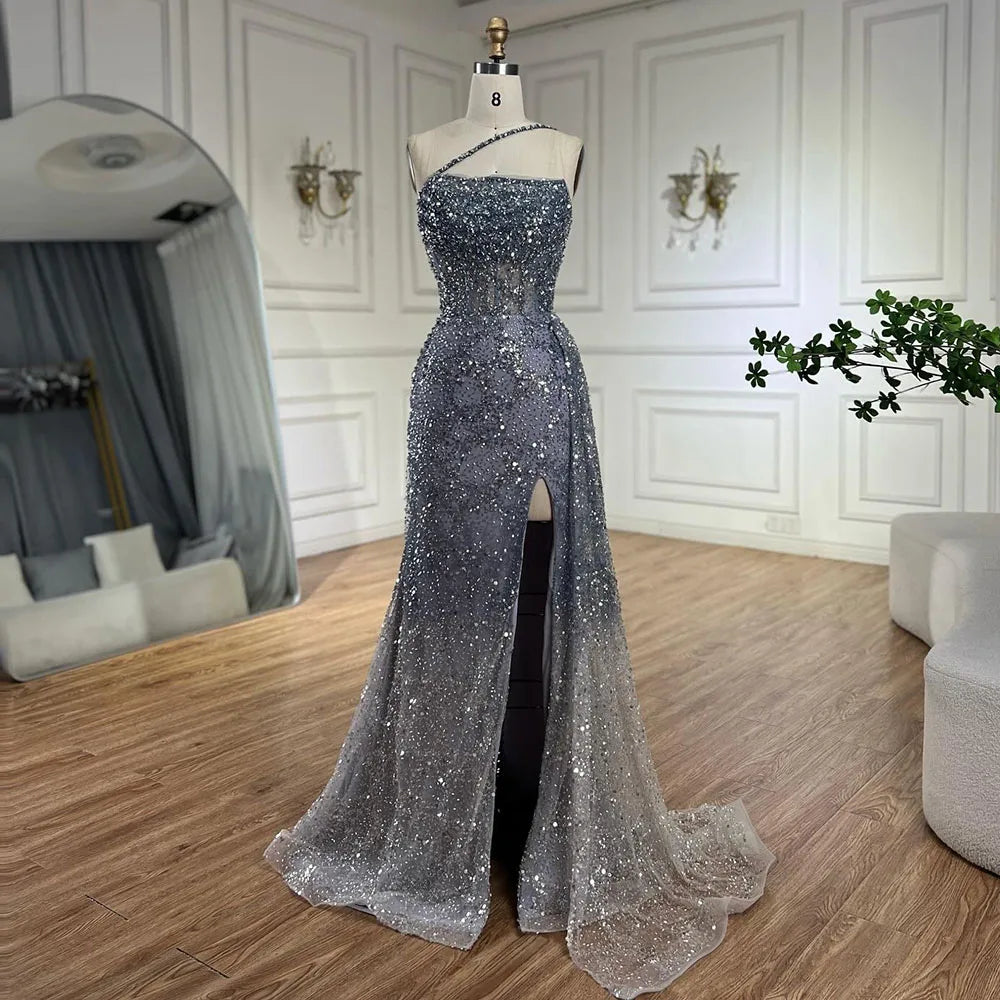 Luxury Blue One Shoulder Evening Dress with Overskirt CLA72434