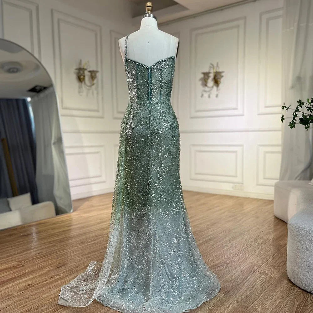 Luxury Blue One Shoulder Evening Dress with Overskirt CLA72434