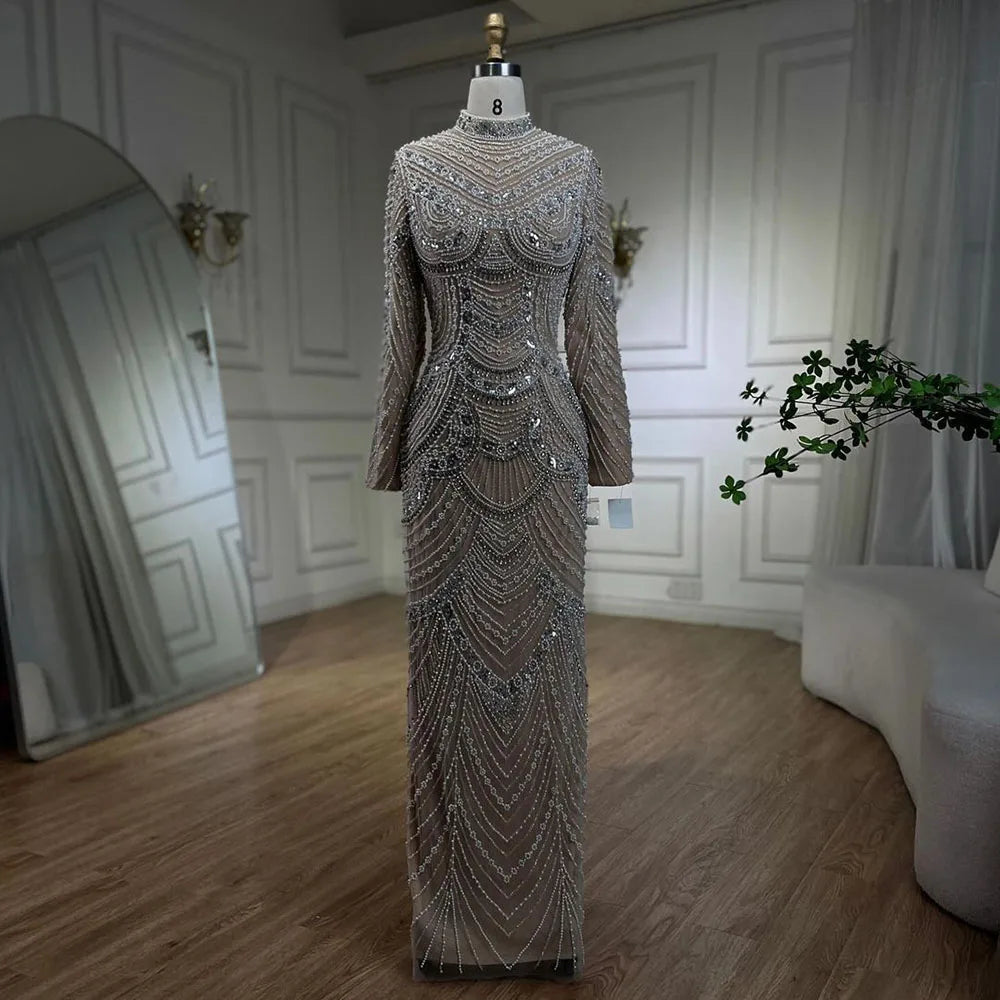Arabic Luxury Beaded Pearls Mermaid Evening Dress Modest Hijab High Neck CLA72091L
