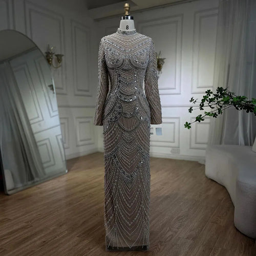 Arabic Luxury Beaded Pearls Mermaid Evening Dress Modest Hijab High Neck CLA72091L