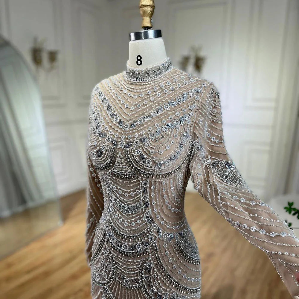 Arabic Luxury Beaded Pearls Mermaid Evening Dress Modest Hijab High Neck CLA72091L
