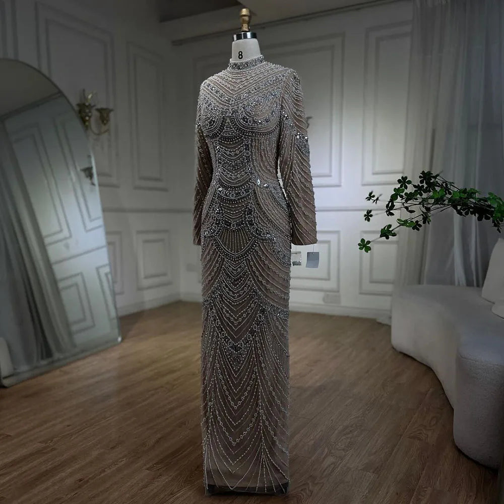 Arabic Luxury Beaded Pearls Mermaid Evening Dress Modest Hijab High Neck CLA72091L