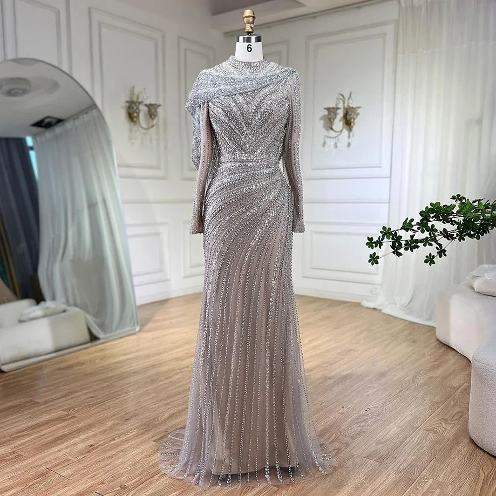 Modest Muslim Silver Nude Beaded Long Sleeves Evening Dress CLA70752H
