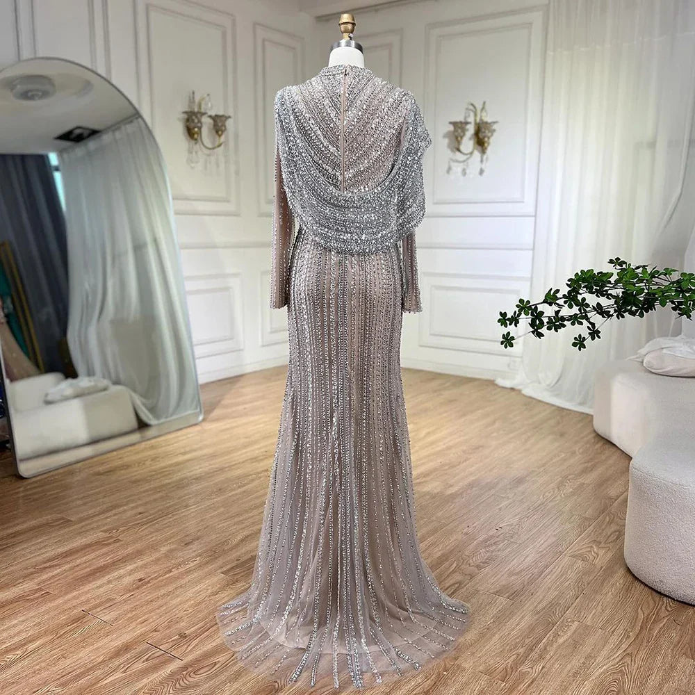 Modest Muslim Silver Nude Beaded Long Sleeves Evening Dress CLA70752H