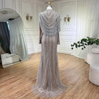 Modest Muslim Silver Nude Beaded Long Sleeves Evening Dress CLA70752H