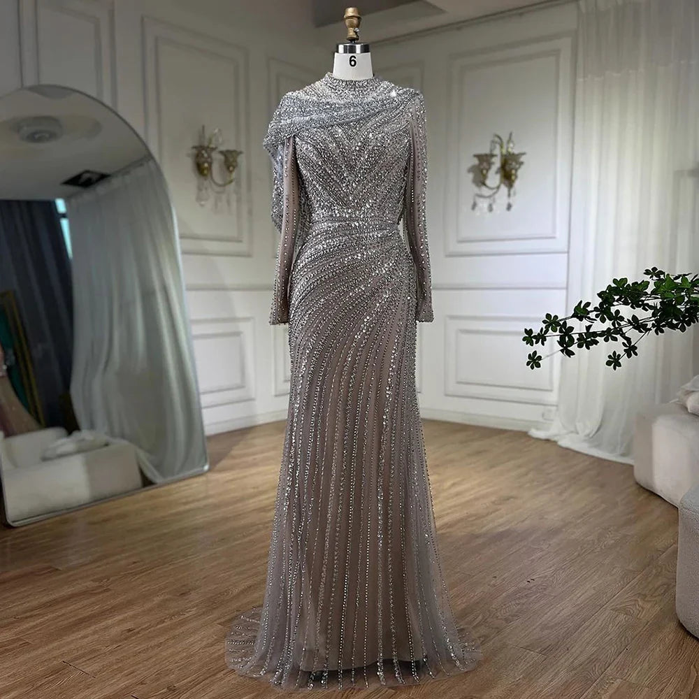 Modest Muslim Silver Nude Beaded Long Sleeves Evening Dress CLA70752H