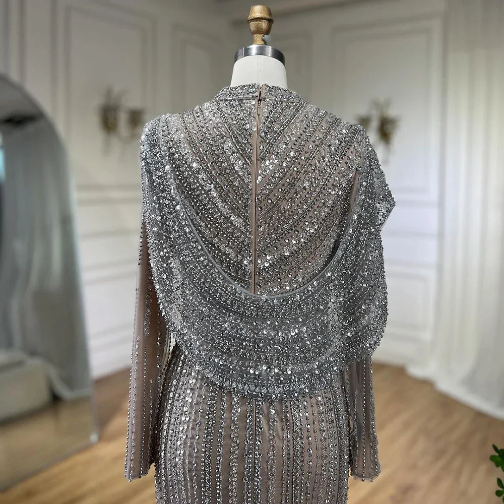 Modest Muslim Silver Nude Beaded Long Sleeves Evening Dress CLA70752H
