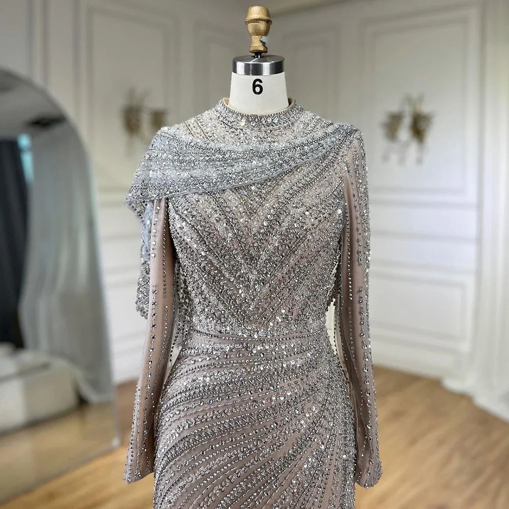 Modest Muslim Silver Nude Beaded Long Sleeves Evening Dress CLA70752H