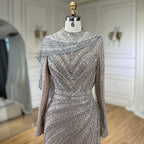 Modest Muslim Silver Nude Beaded Long Sleeves Evening Dress CLA70752H