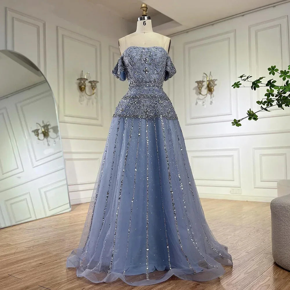 Luxury Caramel Off The Shoulder A-Line Beaded Evening Dress CLA72709