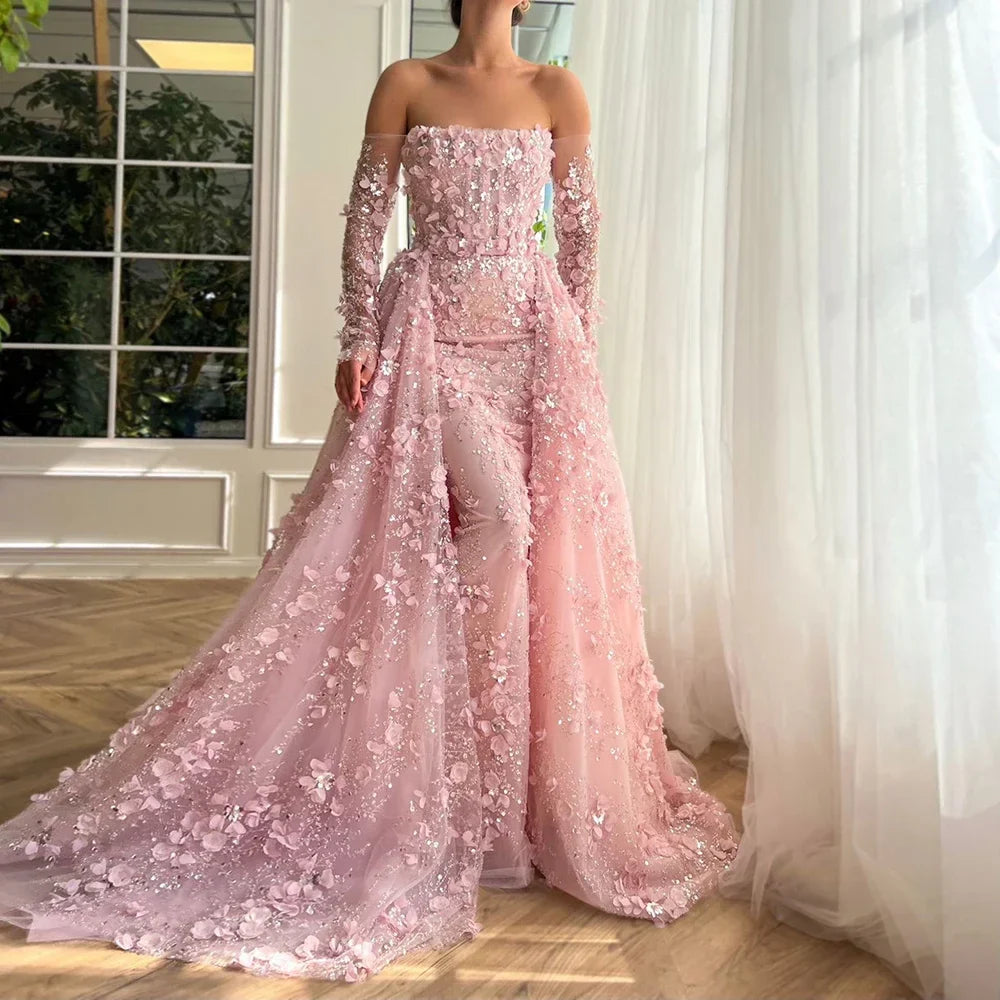 Pink Beaded Mermaid Off Shoulder Evening Gown With Overskirt CLA72641