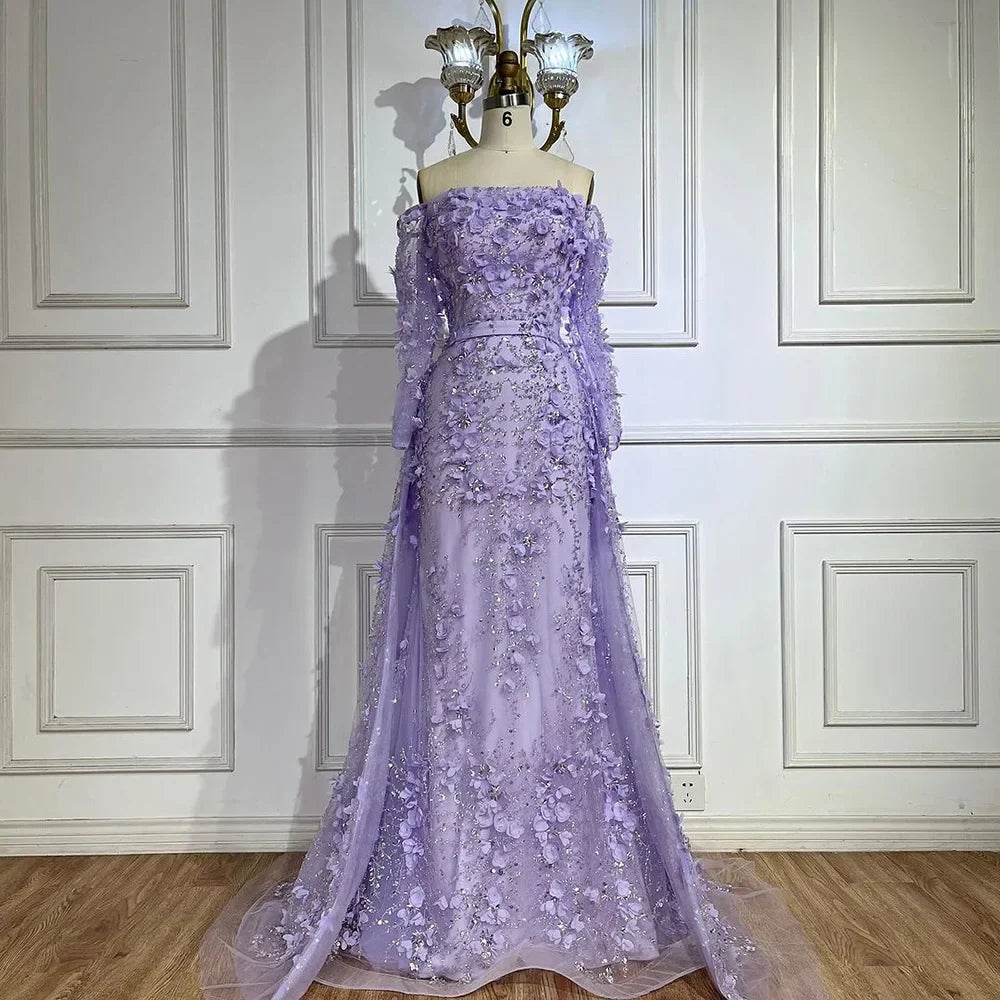 Pink Beaded Mermaid Off Shoulder Evening Gown With Overskirt CLA72641