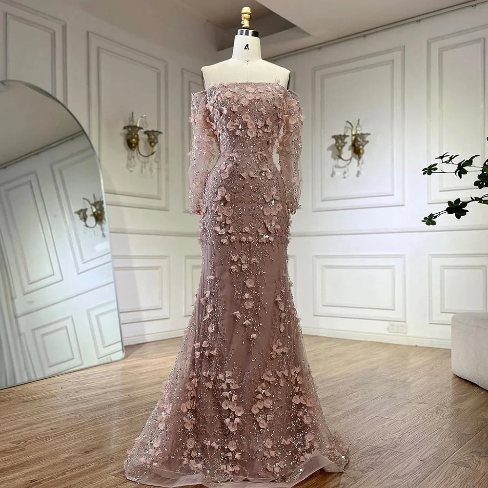 Pink Beaded Mermaid Off Shoulder Evening Gown With Overskirt CLA72641