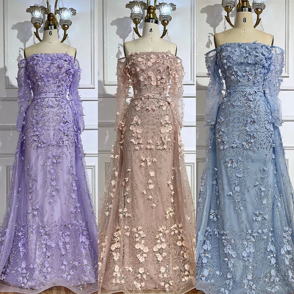 Pink Beaded Mermaid Off Shoulder Evening Gown With Overskirt CLA72641