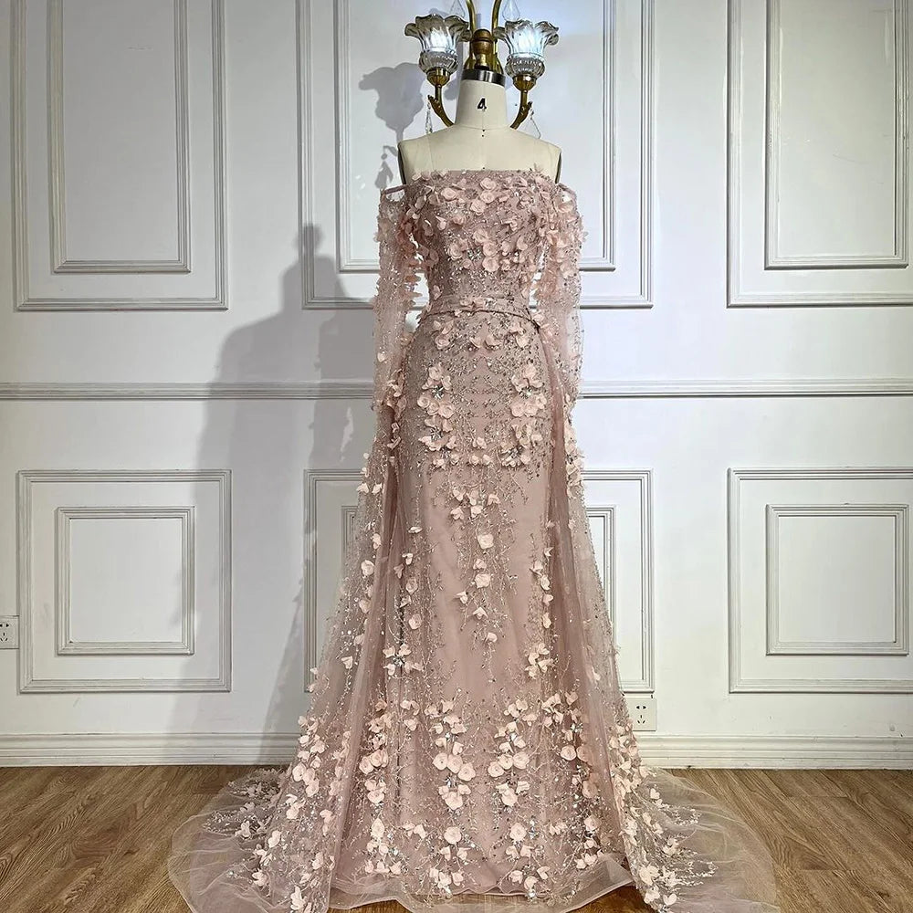 Pink Beaded Mermaid Off Shoulder Evening Gown With Overskirt CLA72641