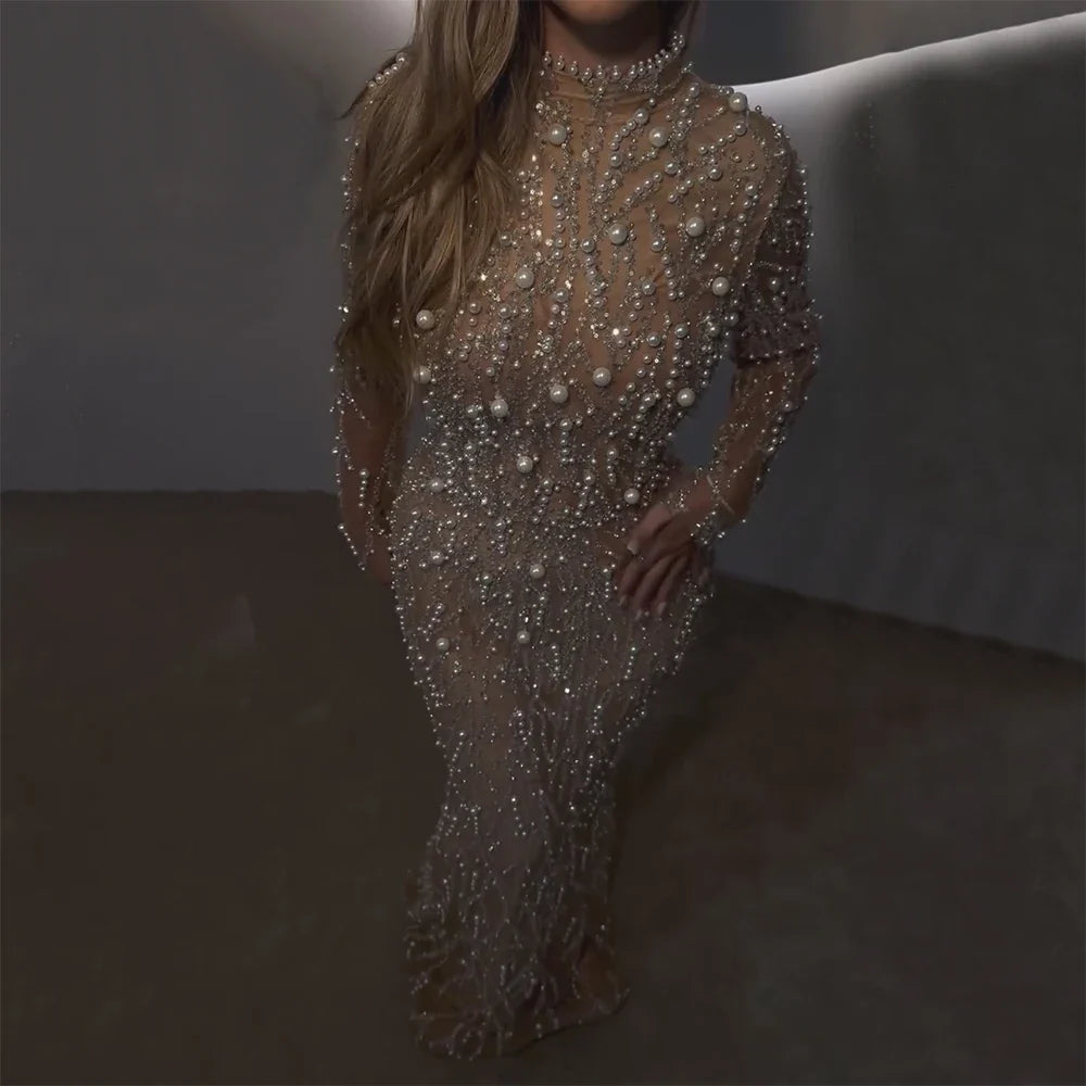 Arabic Simple Style Beaded Pearls Mermaid Evening Dress Modest Hijab High Neck CLA72345A