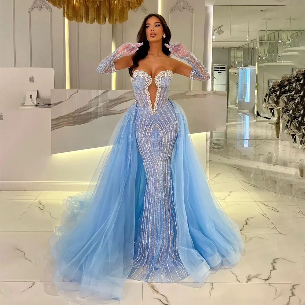 Luxury Blue Mermaid Evening Dress With Gloves And Overskirt CLA72582