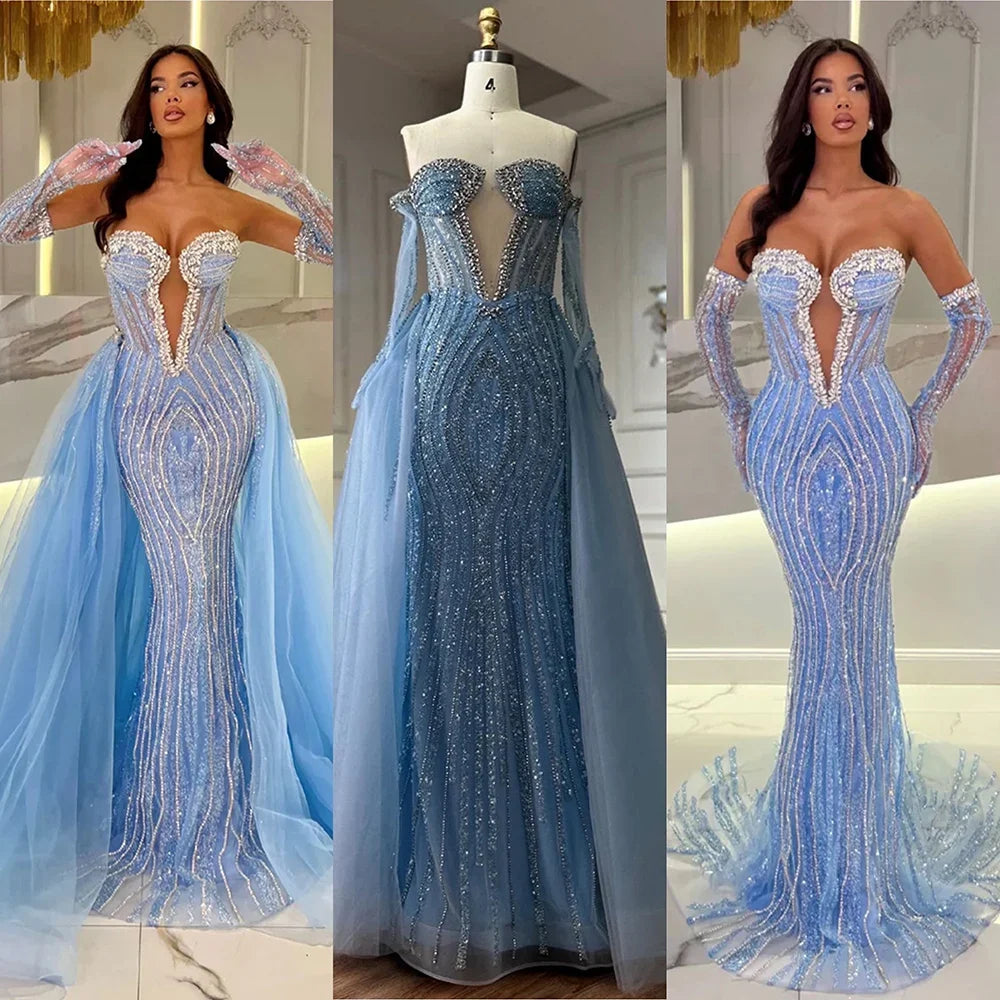 Luxury Blue Mermaid Evening Dress With Gloves And Overskirt CLA72582