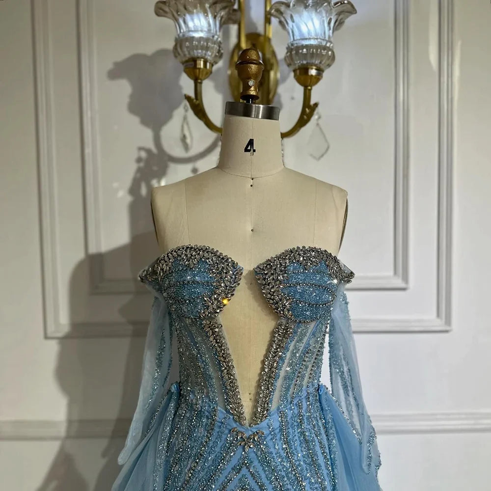 Luxury Blue Mermaid Evening Dress With Gloves And Overskirt CLA72582