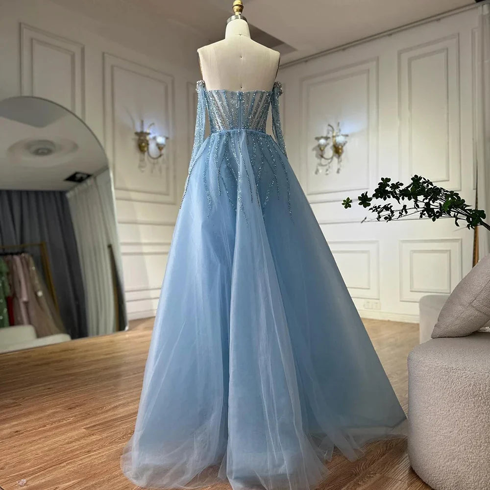Luxury Blue Mermaid Evening Dress With Gloves And Overskirt CLA72582