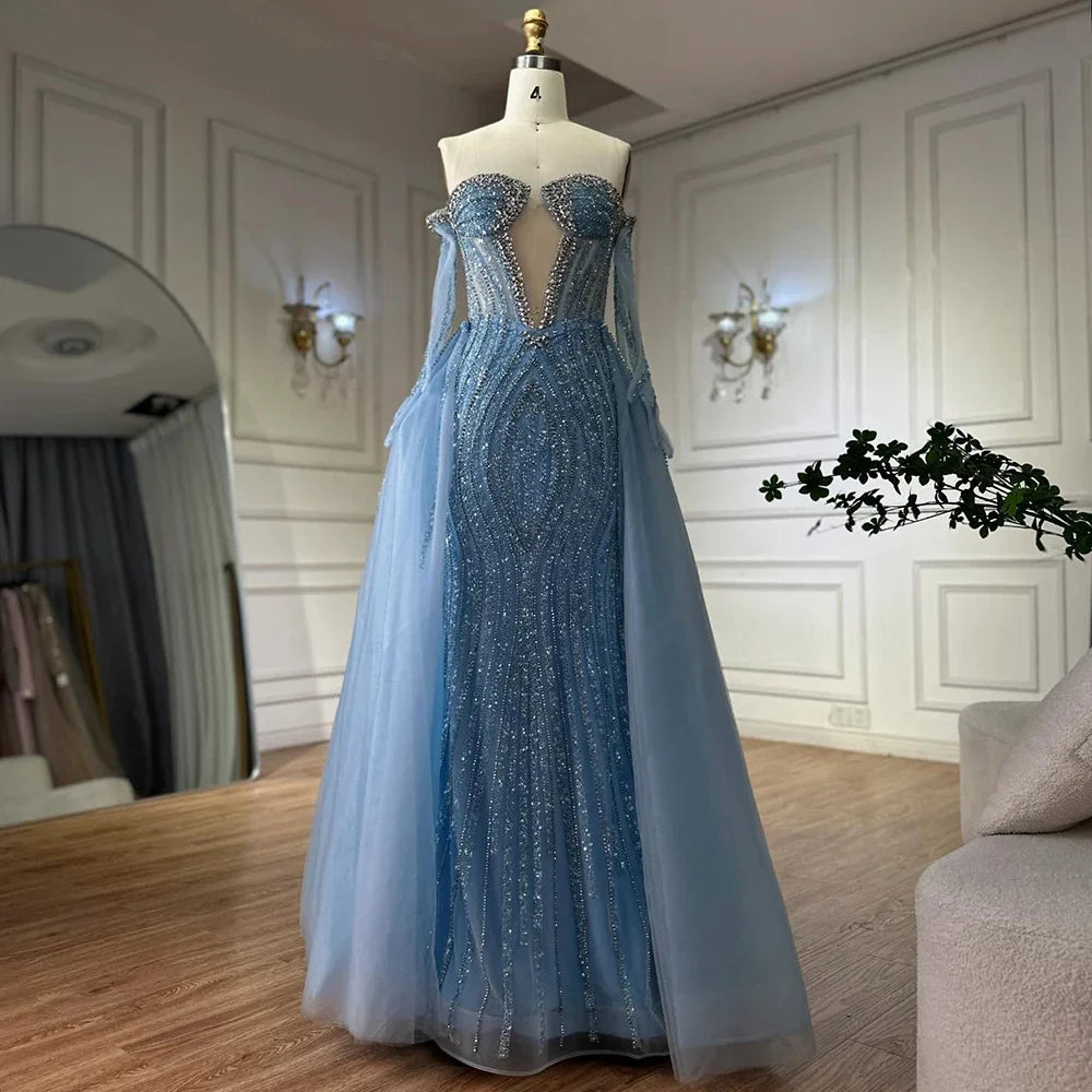 Luxury Blue Mermaid Evening Dress With Gloves And Overskirt CLA72582