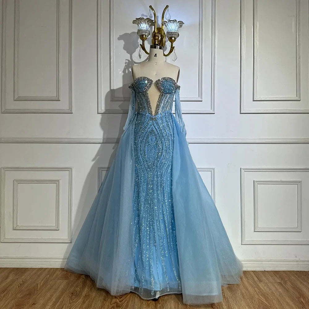 Luxury Blue Mermaid Evening Dress With Gloves And Overskirt CLA72582