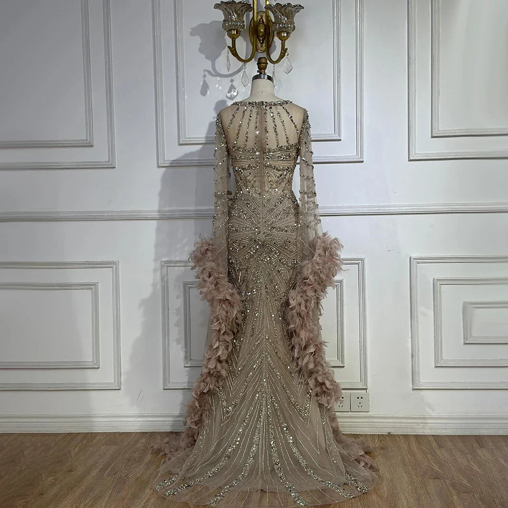 Luxury Modest Pink Feathers Long Cape Sleeves Mermaid Evening Dress CLA72708A