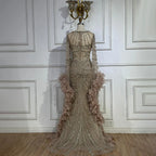Luxury Modest Pink Feathers Long Cape Sleeves Mermaid Evening Dress CLA72708A
