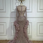 Luxury Modest Pink Feathers Long Cape Sleeves Mermaid Evening Dress CLA72708A