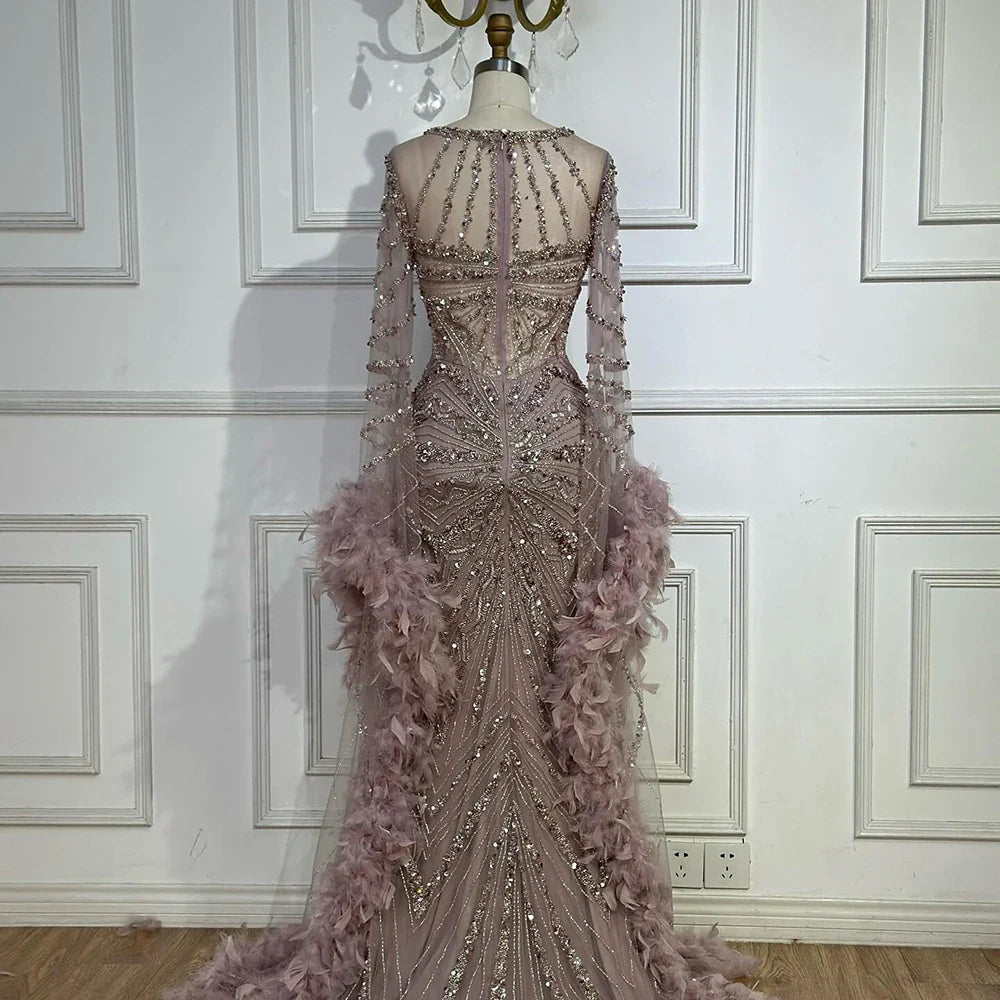 Luxury Modest Pink Feathers Long Cape Sleeves Mermaid Evening Dress CLA72708A