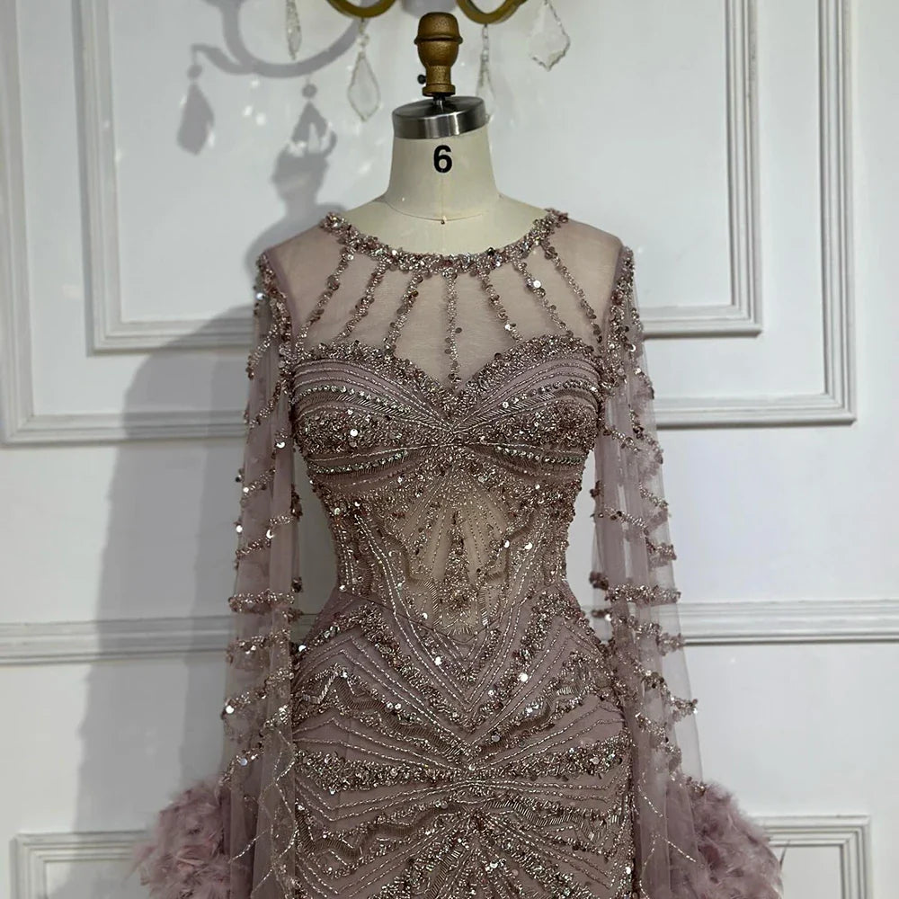 Luxury Modest Pink Feathers Long Cape Sleeves Mermaid Evening Dress CLA72708A