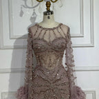 Luxury Modest Pink Feathers Long Cape Sleeves Mermaid Evening Dress CLA72708A