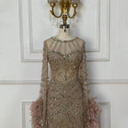 Luxury Modest Pink Feathers Long Cape Sleeves Mermaid Evening Dress CLA72708A