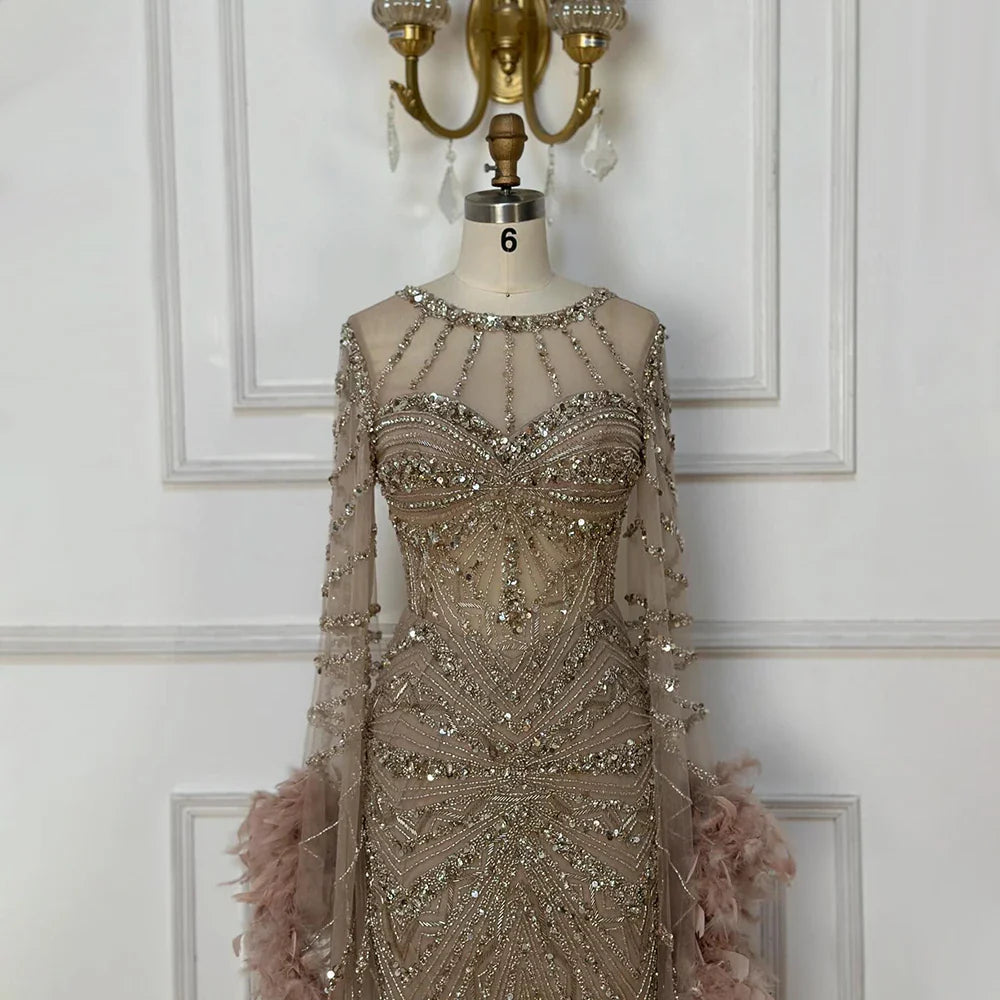 Luxury Modest Pink Feathers Long Cape Sleeves Mermaid Evening Dress CLA72708A