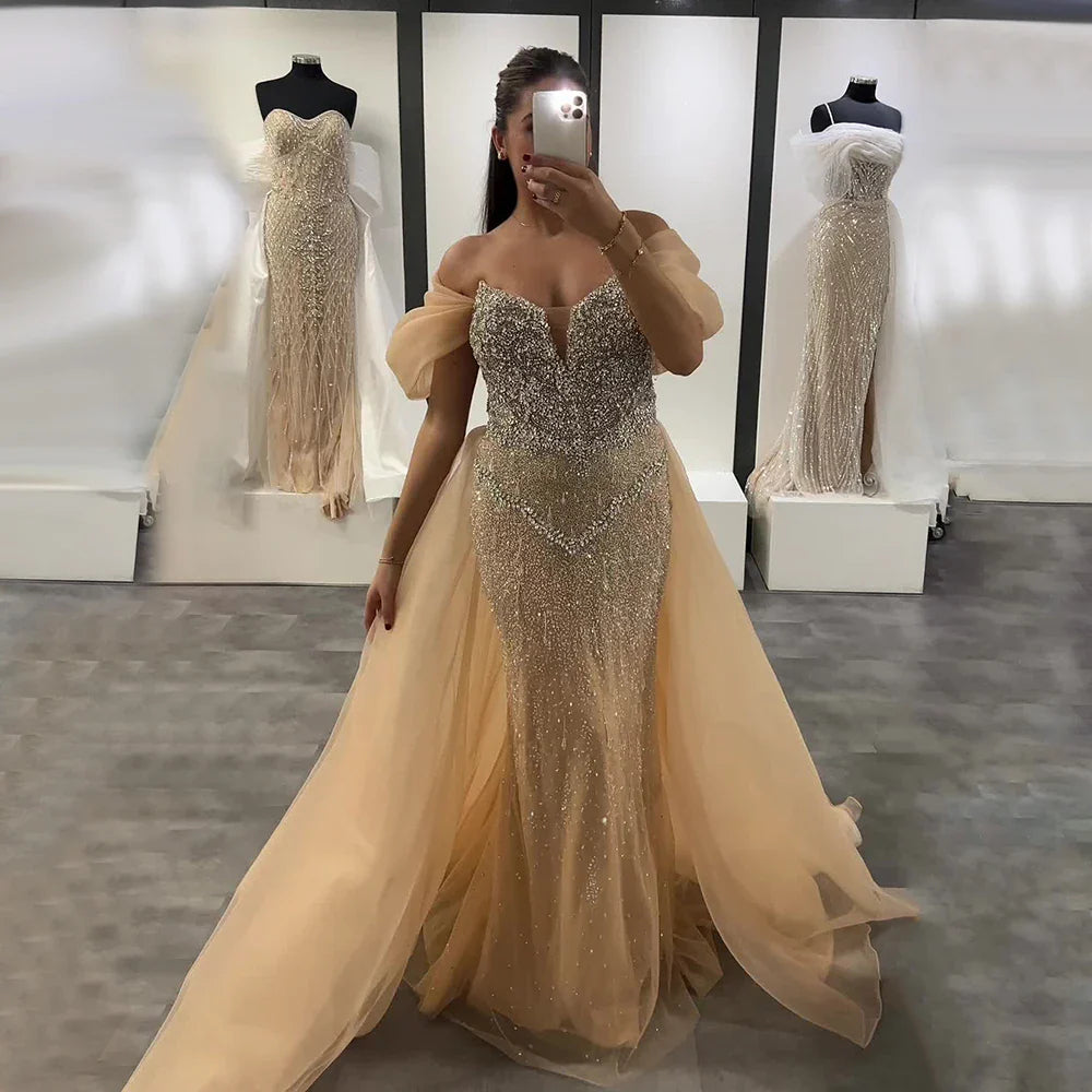 Luxury Nude Beaded Mermaid Evening Dress With Overskirt LA72879