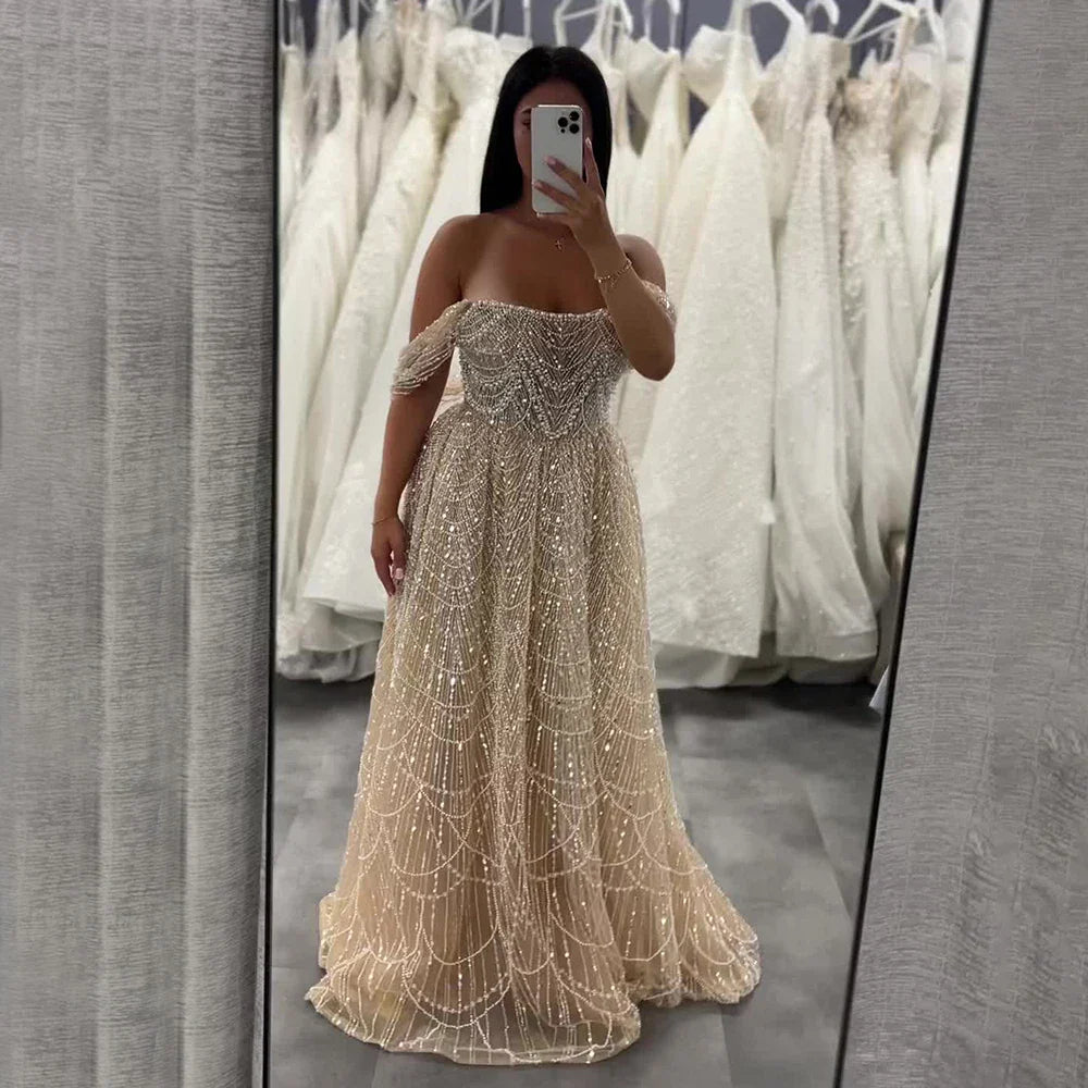 Luxury Nude A-Line Pearls Off Shoulder Evening Dress CLA72738A