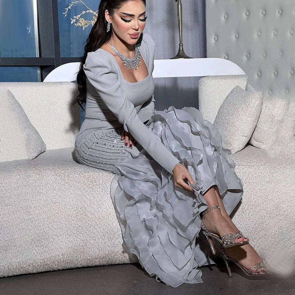 Arabic Simple Style Satin Ruffle Tiered Square Neck Mermaid Evening Dress Elegant For Women Wedding Party Gown CLA72317
