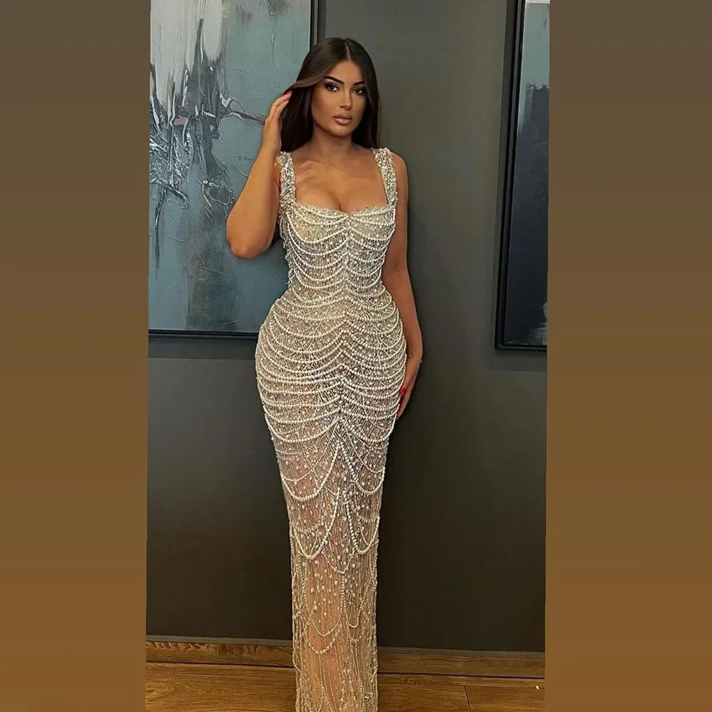 Arabic Simple Style Beaded Pearls Sleeveless Square Neck Mermaid Evening Dress CLA72606