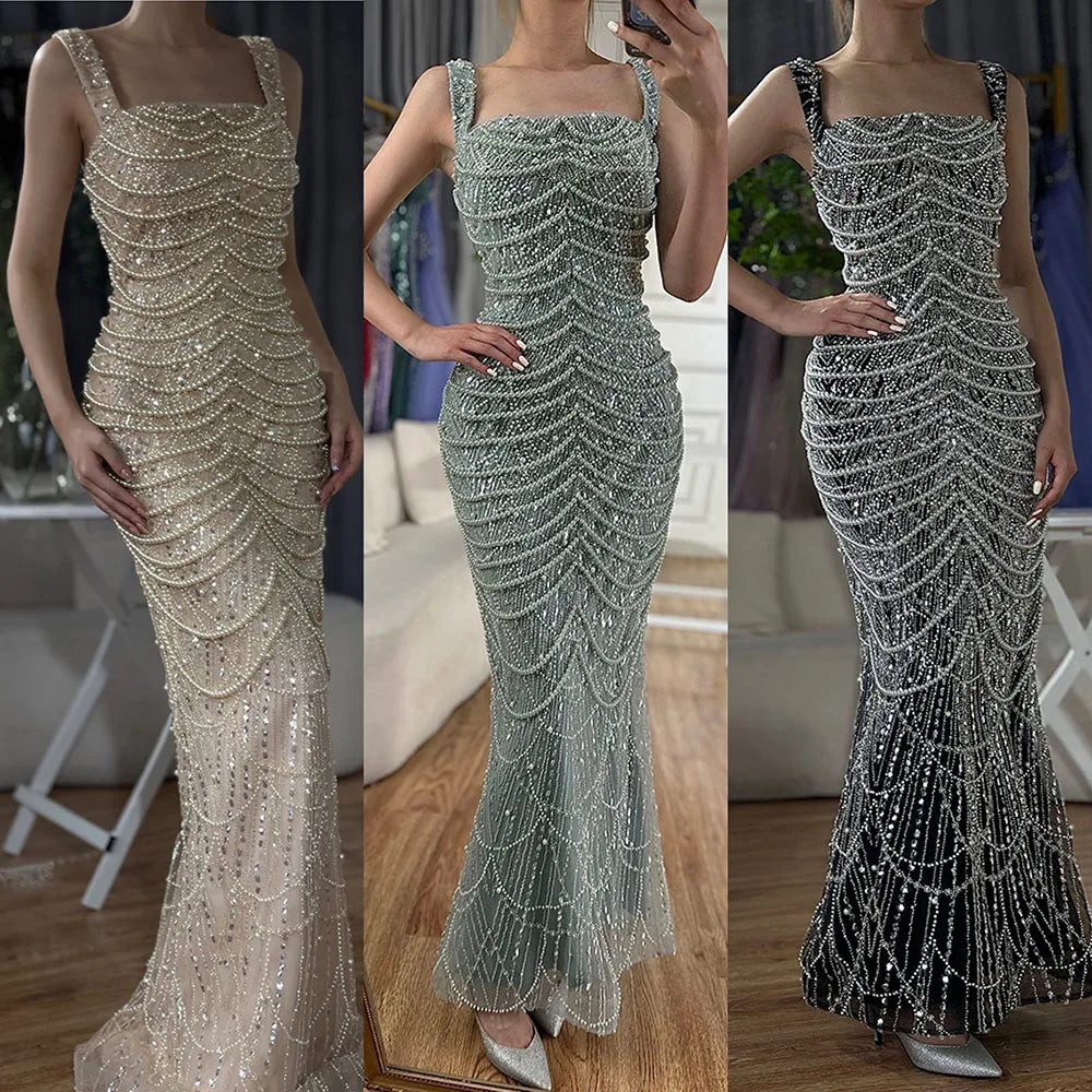Arabic Simple Style Beaded Pearls Sleeveless Square Neck Mermaid Evening Dress CLA72606