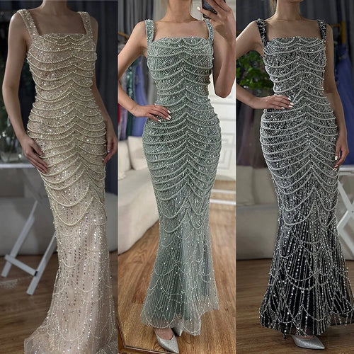 Arabic Simple Style Beaded Pearls Sleeveless Square Neck Mermaid Evening Dress CLA72606