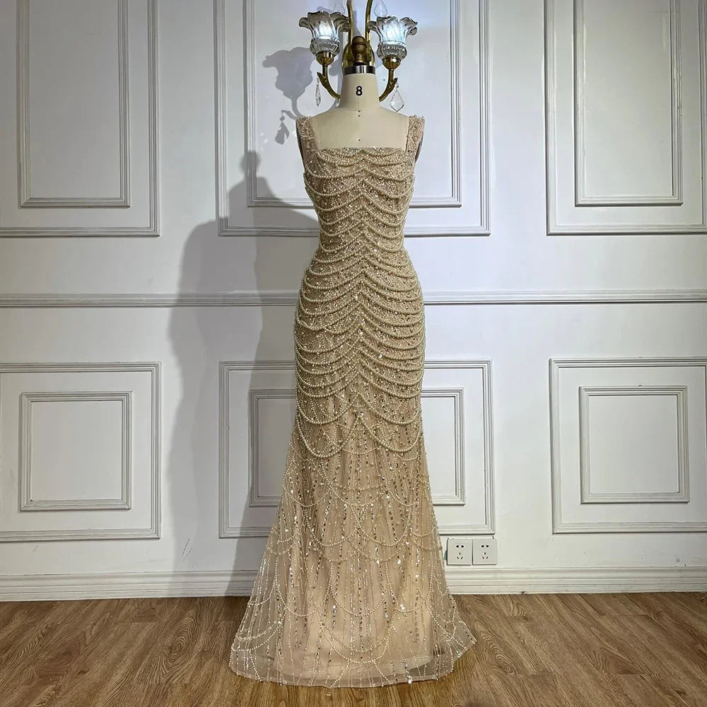 Arabic Simple Style Beaded Pearls Sleeveless Square Neck Mermaid Evening Dress CLA72606