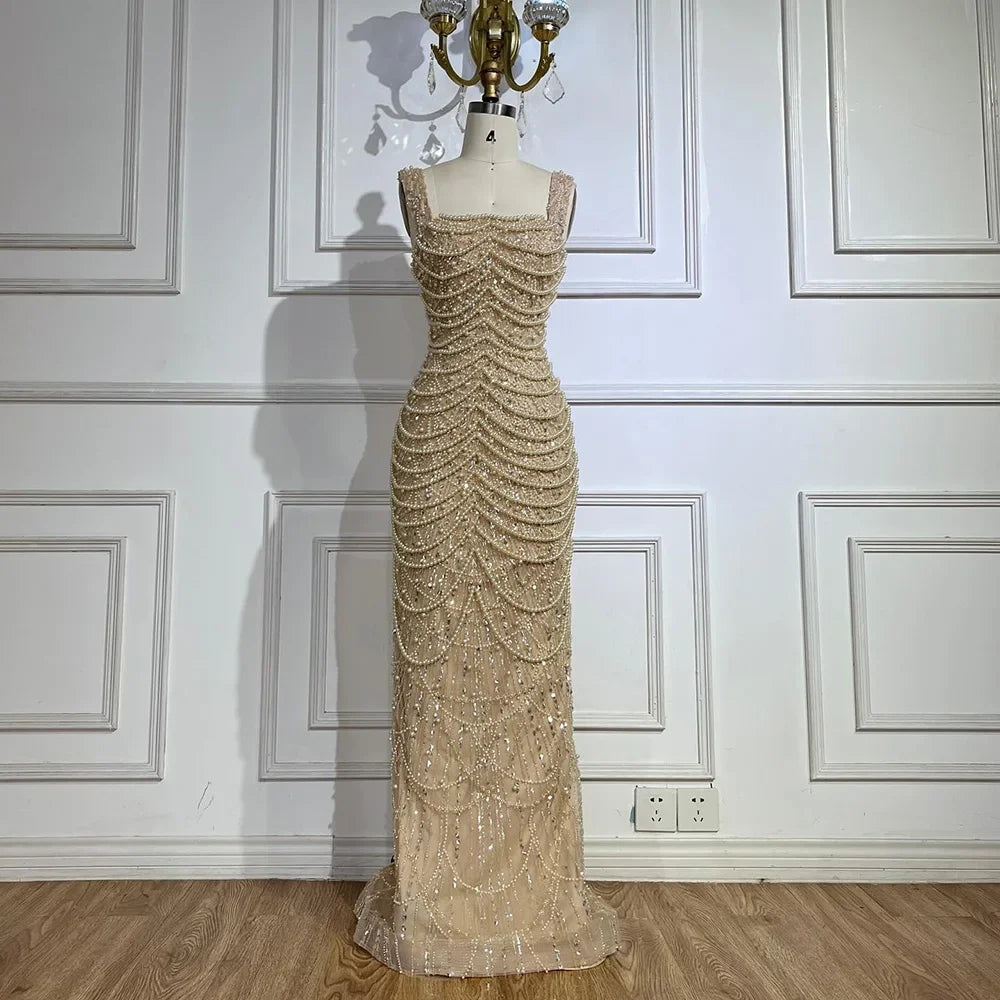 Arabic Simple Style Beaded Pearls Sleeveless Square Neck Mermaid Evening Dress CLA72606